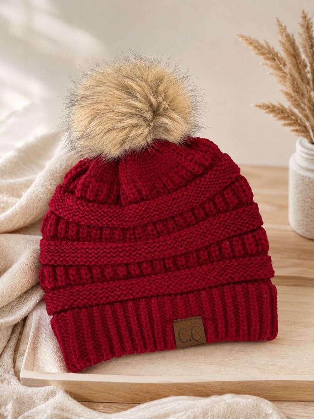 CC Exclusives CC Beanie 100% Acrylic Knit Winter Hat Faux Fur Pom-Pom Burgundy